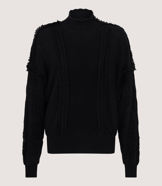 Women's Cashmere Sweater Blouse With Lace Trim In Black