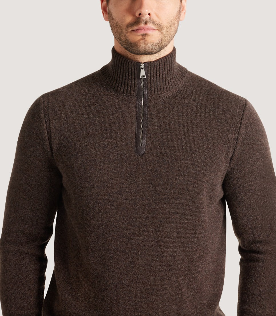 Men's Cashmere Quarter Zip Sweater in Walnut