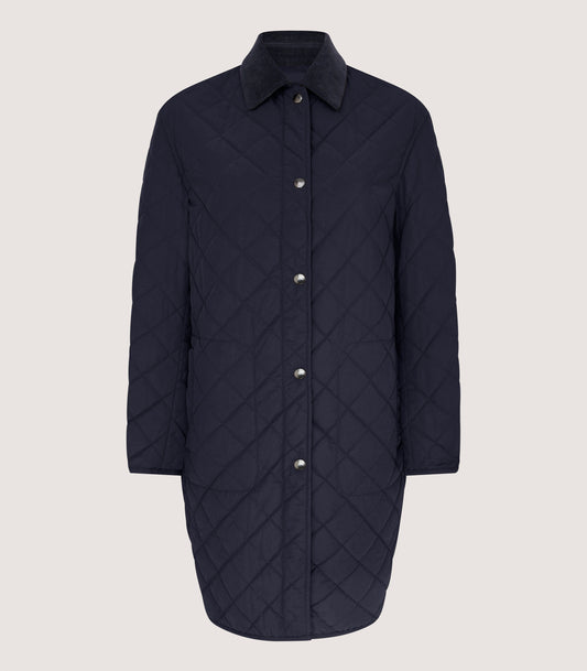 Women's Long Quilted Purdey Jacket in Navy