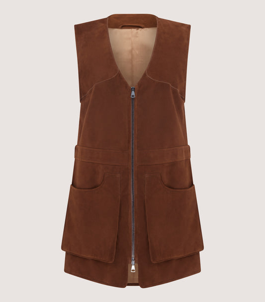 Women's Suede Zipped Sporting Vest in Tan
