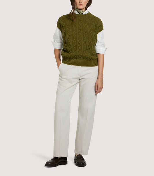 Women's Cotton Cashmere Aran Crew Neck Tank in Olive