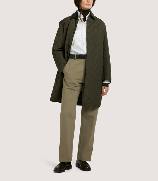 Women's Long Quilted Purdey Jacket in Dark Olive