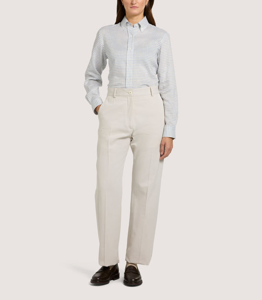 Women's Pale Indigo Linen Shepherd Check Button Down Shirt