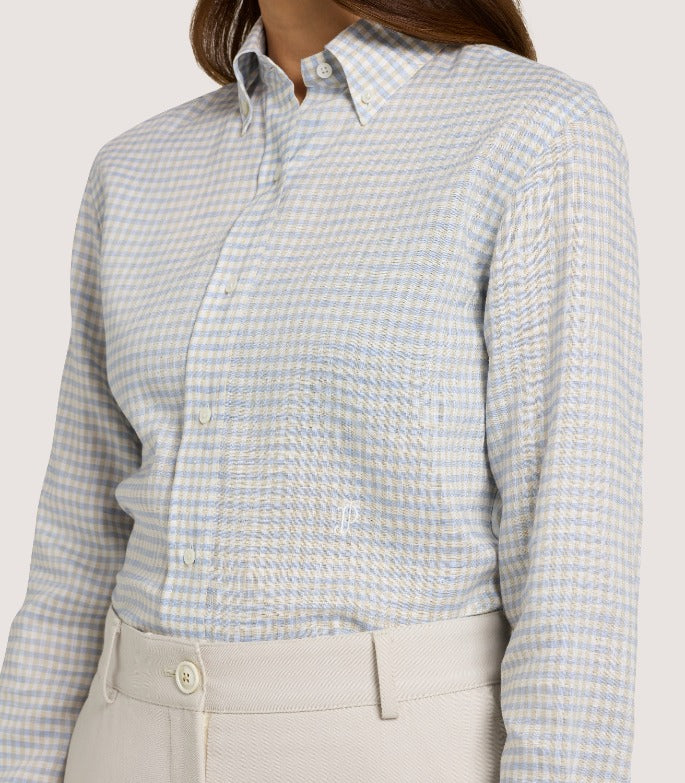 Women's Pale Indigo Linen Shepherd Check Button Down Shirt