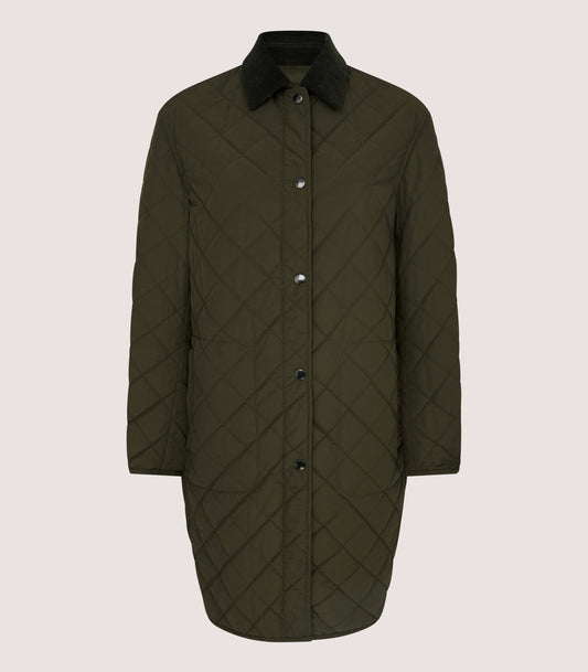 Women's Long Quilted Purdey Jacket in Dark Olive