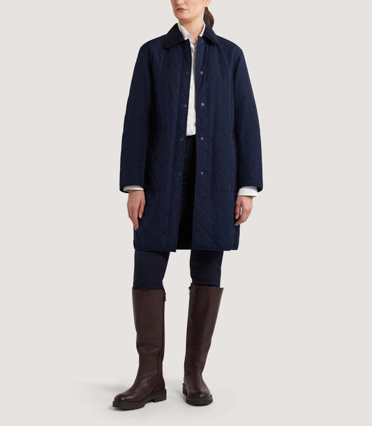 Women's Long Quilted Purdey Jacket in Navy