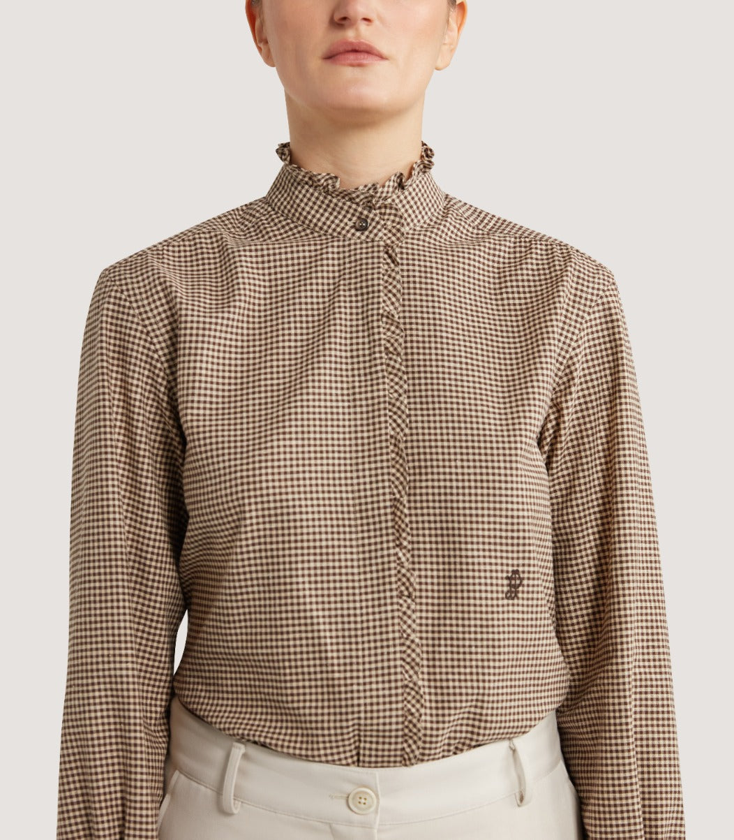 Women's Micro Check Cotton Pie Crust Shirt in Walnut