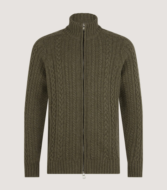 Men's Burlington Wool Cashmere Cable Knit Zip Cardigan in Moss