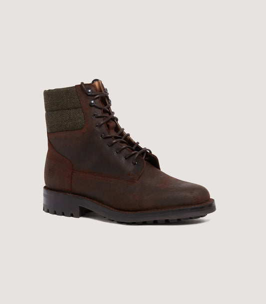 Men's Rough Out Leather With Tweed Padded Collar Commando Boot