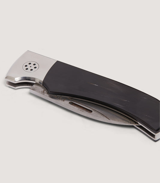 Damascus Folding Knife In Buffalo Horn