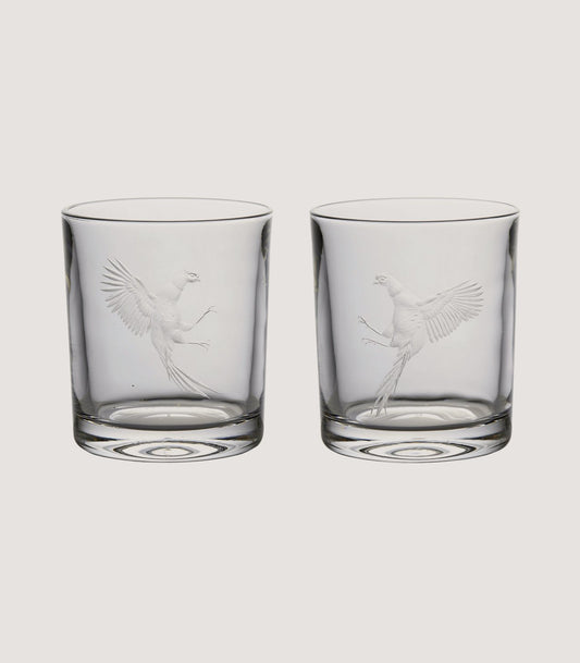 Fighting Pheasants Pair Of Crystal Tumblers
