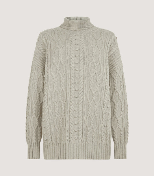 Women's Bruton Cable Knit Roll Neck Sweater in Oat