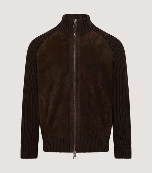 Men's York Suede Zip Front Knitted Cardigan in Chocolate