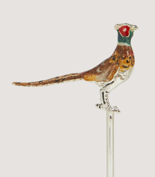 Enamelled Pheasant Cocktail Stick in Sterling Silver