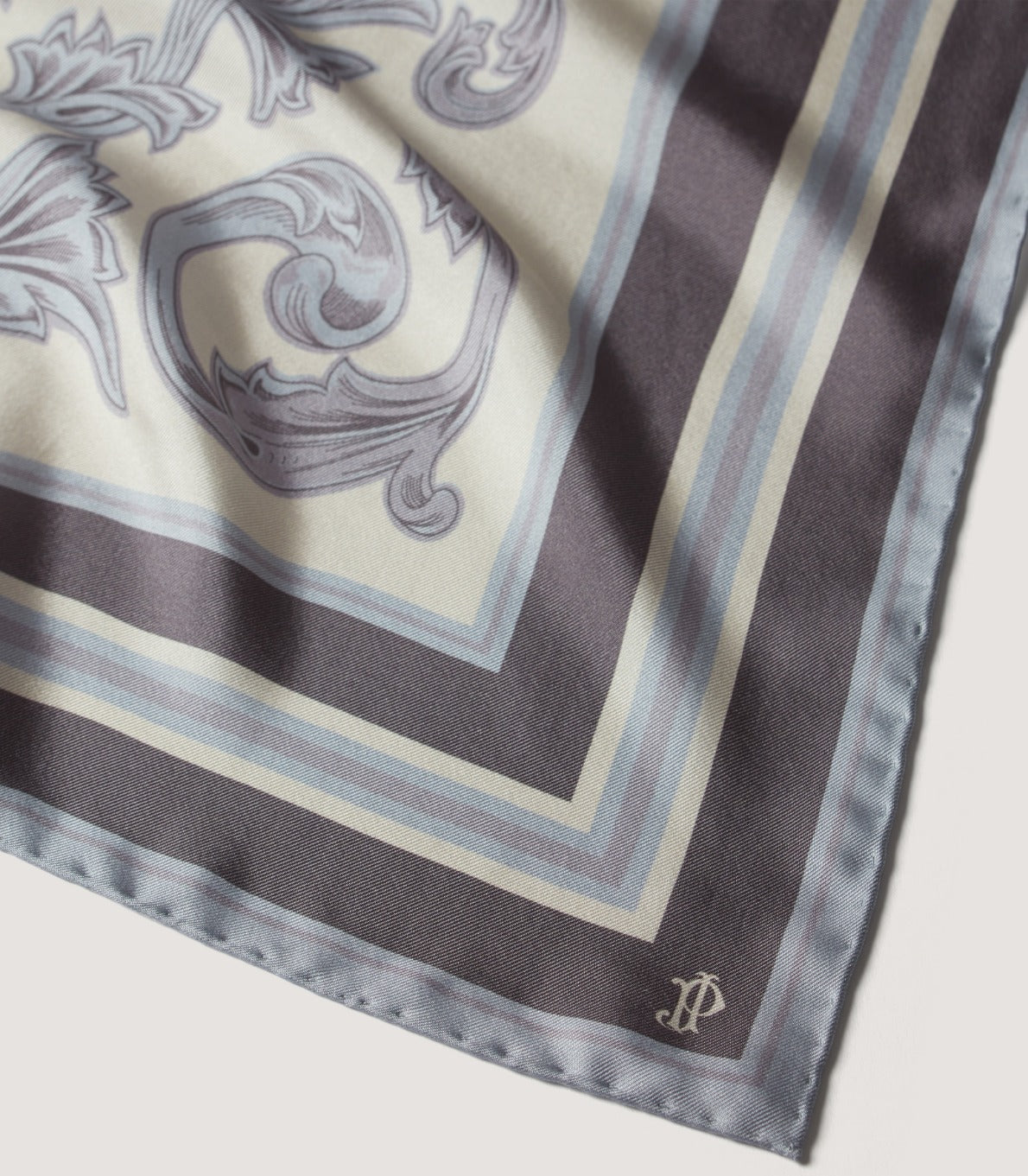 Rose and Scroll Silk Square Scarf in Steel