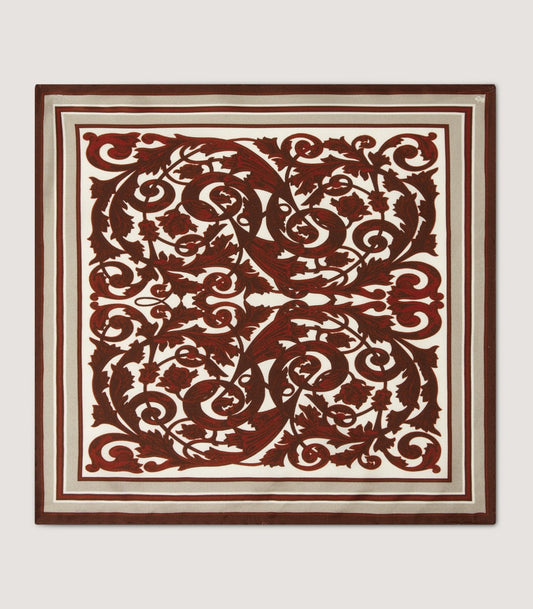 Rose and Scroll Pocket Square in Audley Red