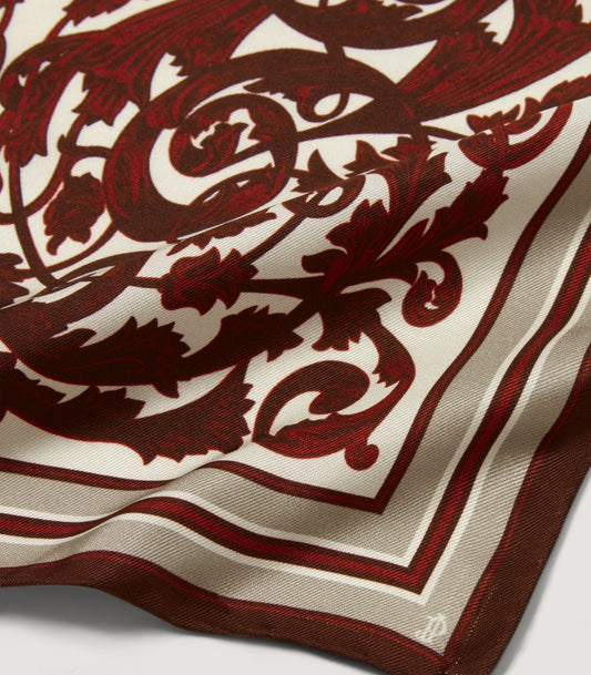 Rose and Scroll Pocket Square in Audley Red