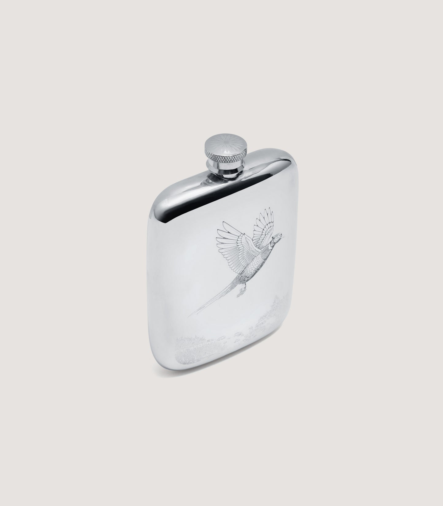 Square Pheasant Landscape Engraved Pewter Flask