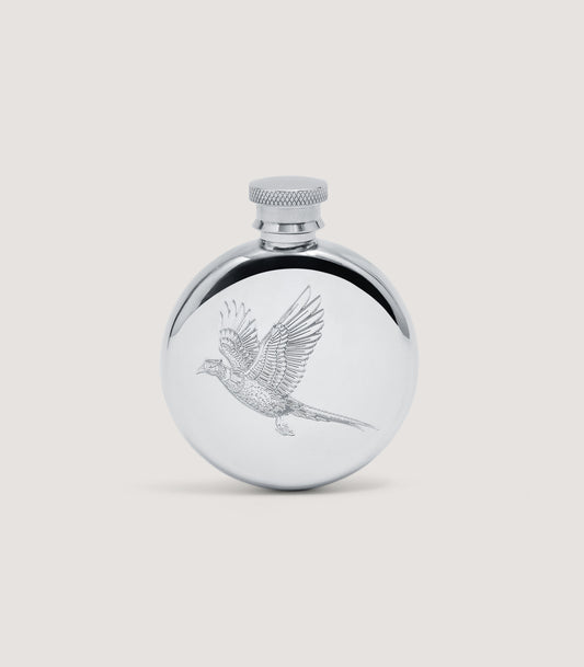 Small Round Pheasant Engraved Pewter Flask