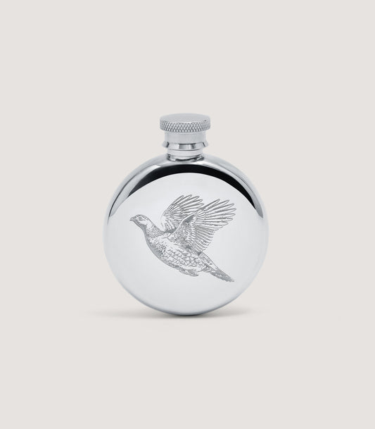 Small Round Grouse Engraved Pewter Flask