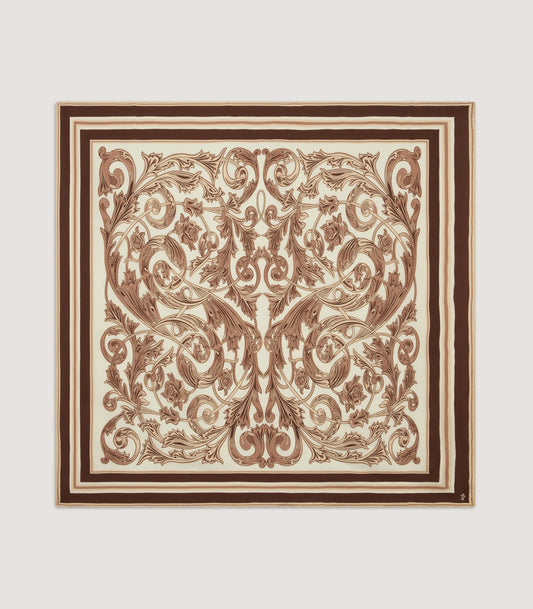 Rose and Scroll Silk Square Scarf in Beige