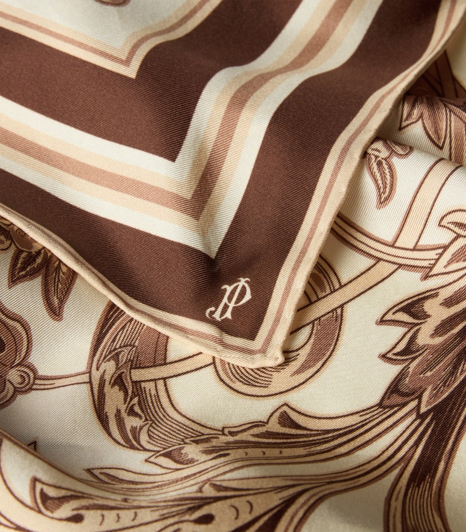Rose and Scroll Silk Square Scarf in Beige