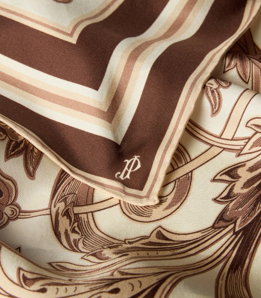 Rose and Scroll Silk Square Scarf in Beige