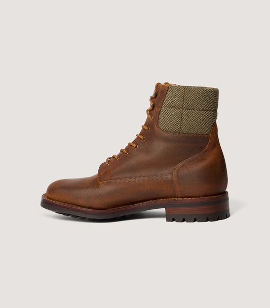 Men's Rough Out Leather Tweed Padded Collar Commando Boot in Cairn Tweed