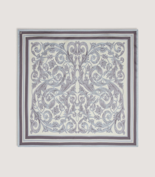 Rose and Scroll Silk Square Scarf in Steel