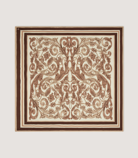 Rose and Scroll Silk Square Scarf in Beige
