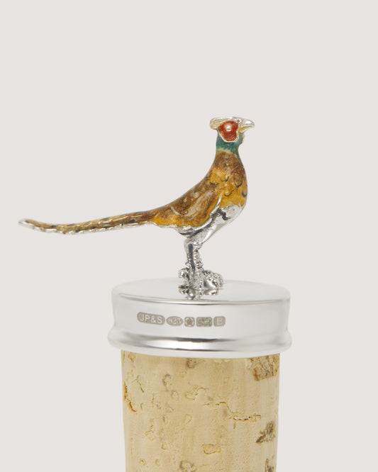 Enamelled Pheasant Bottle Stopper in Silver