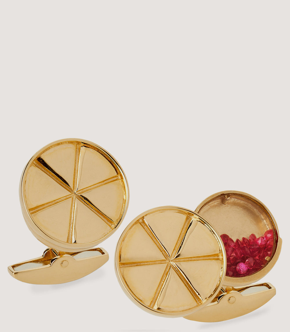 Gold Opening Crimp Cufflinks With Ruby Shot In Gold