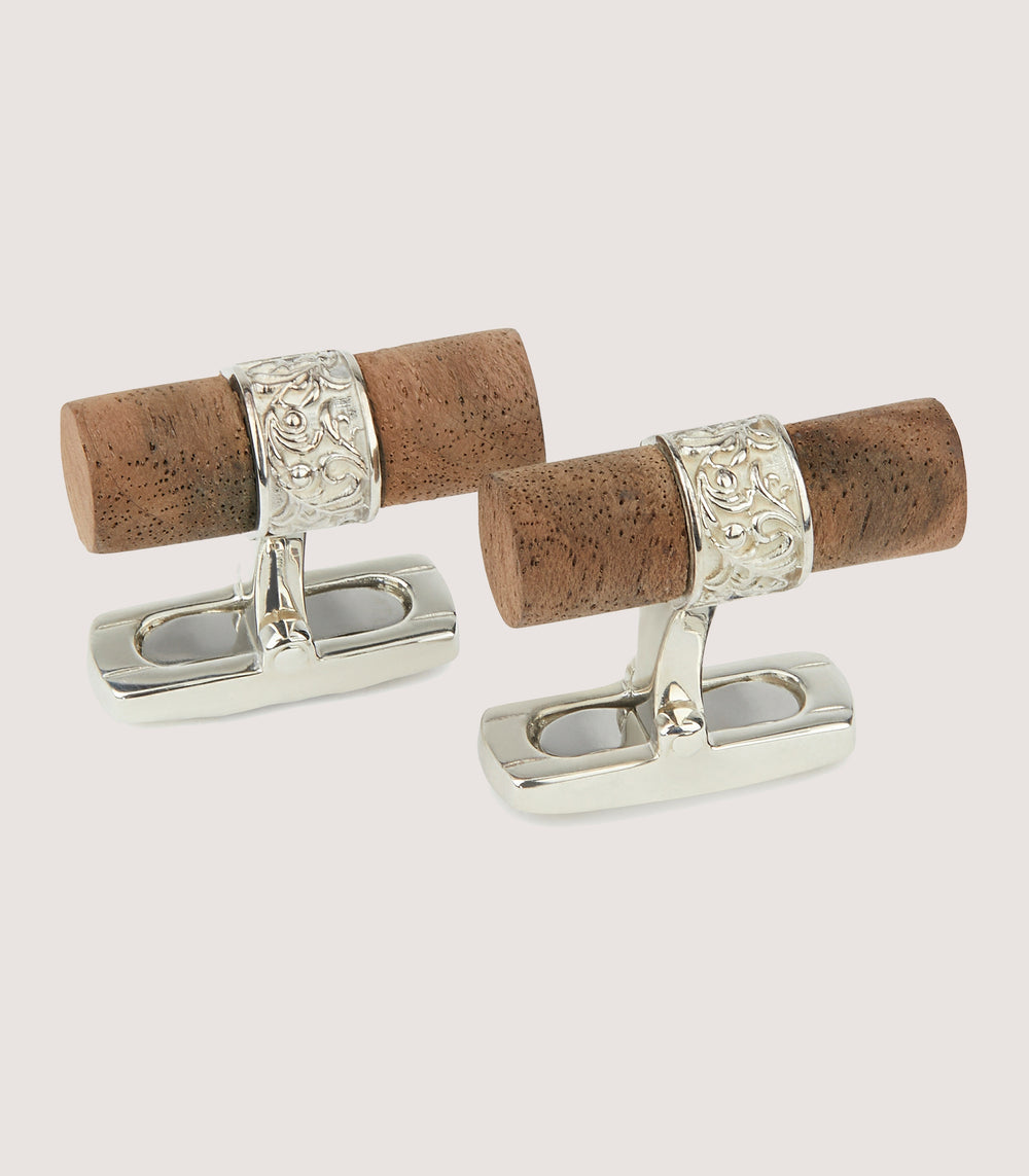 Silver Scroll Walnut Bar Cufflinks In Silver