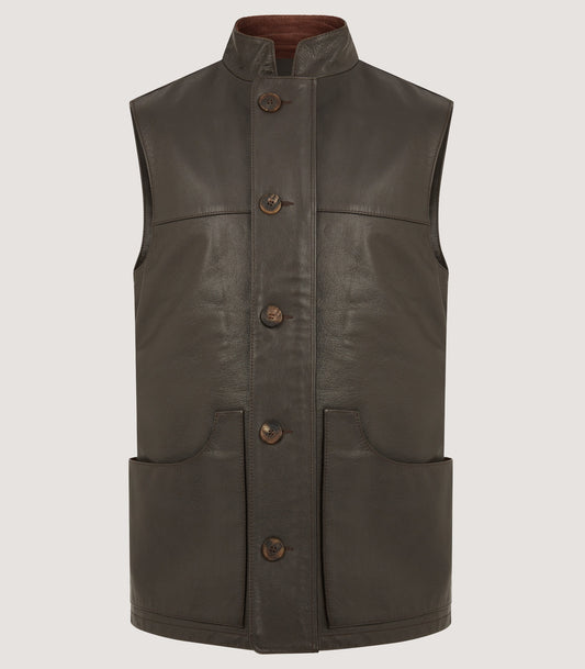 Men's High Collar Leather Sporting Vest In Brown