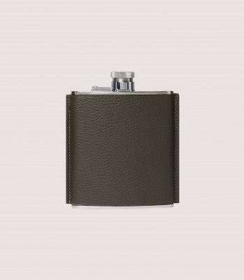 Grainy Leather Hip Flask In Olive Green