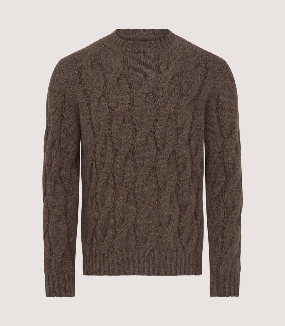 Men's Cashmere Loch Cable Crew Neck Sweater In Dark Taupe