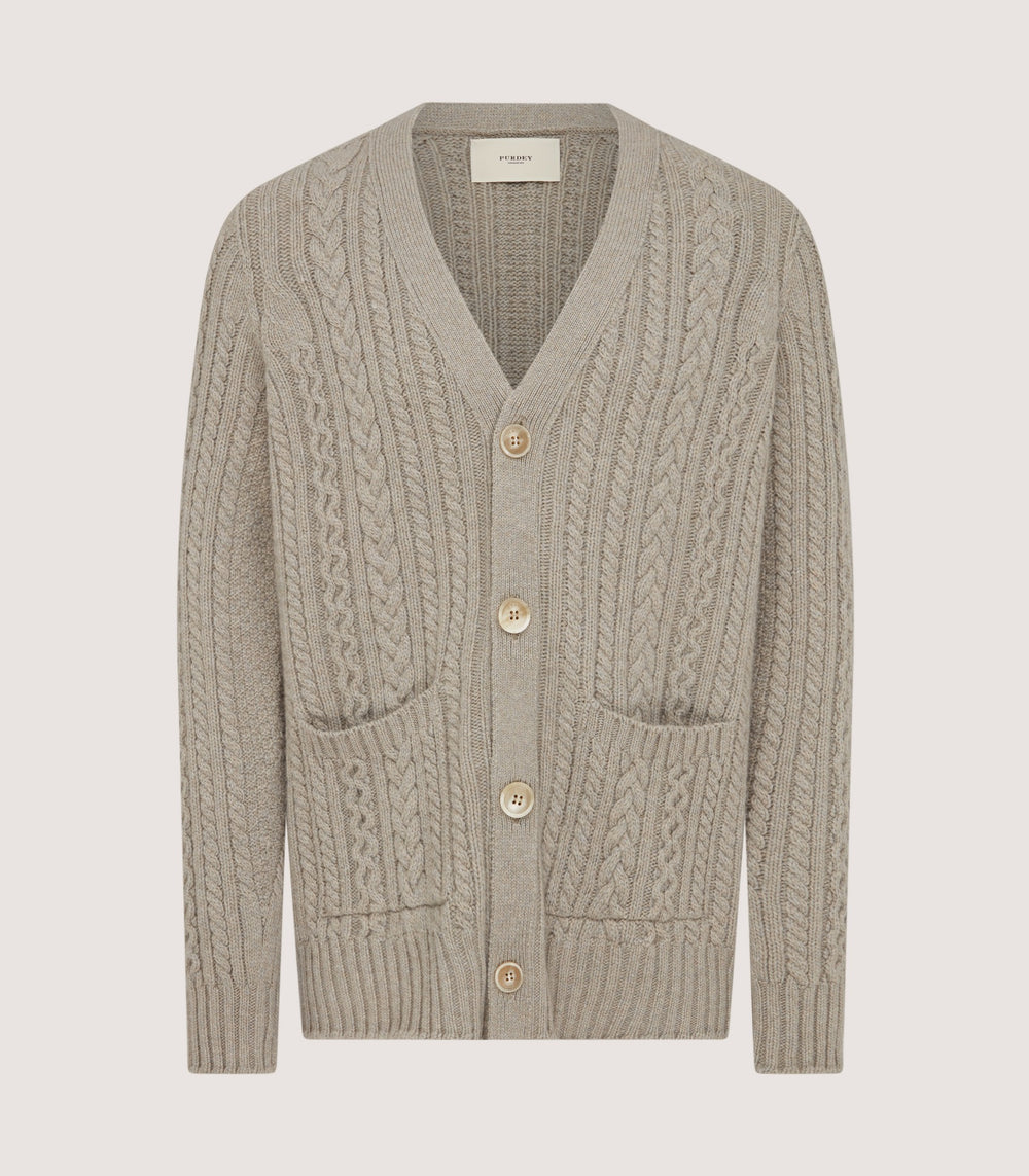 Men's Cashmere Cable And Rib V Neck Cardigan In Drab