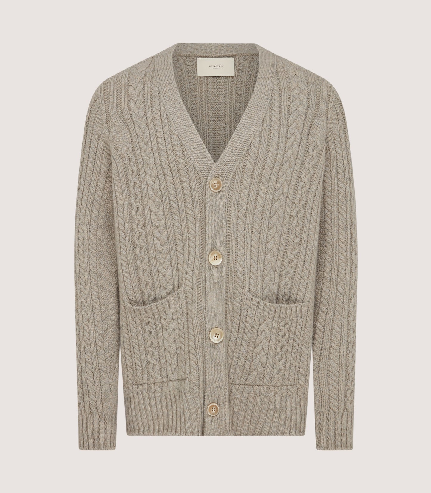 Men's Cashmere Cable And Rib V Neck Cardigan In Drab