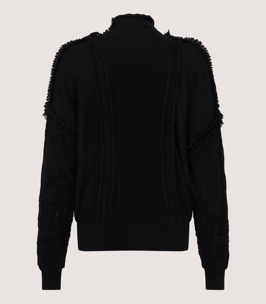 Women's Cashmere Sweater Blouse With Lace Trim In Black