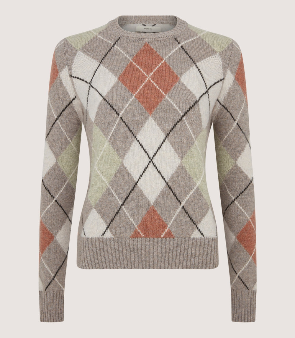 Women's Cashmere Argyle Crew Neck Sweater in Flint