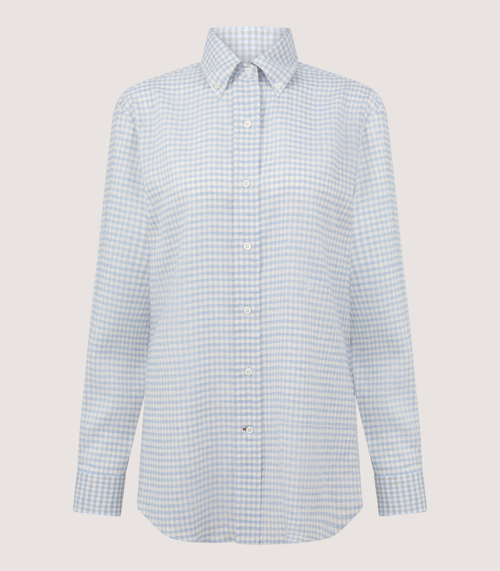 Women's Pale Indigo Linen Shepherd Check Button Down Shirt