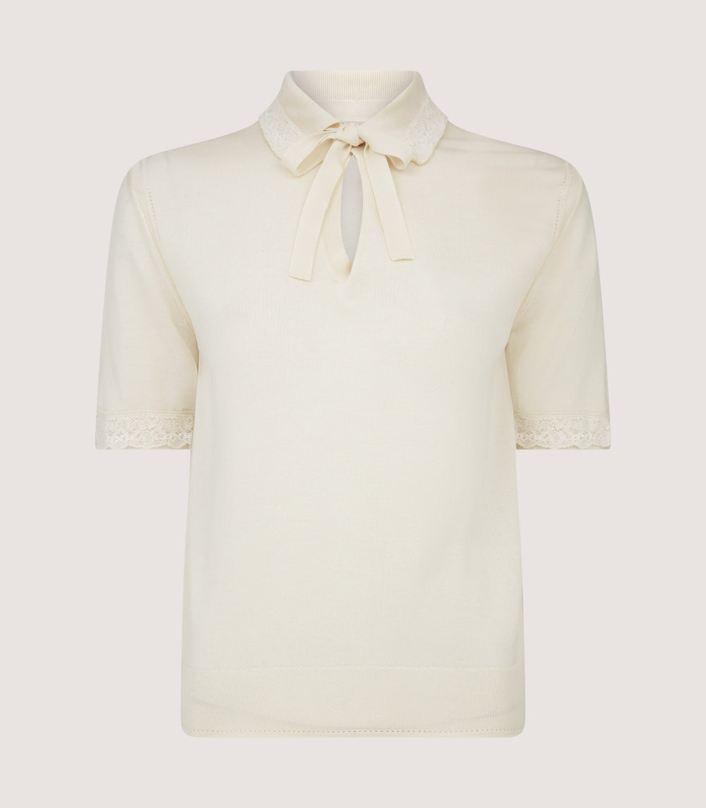 Women's Silk Jersey Polo Shirt with Lace Trim in Ivory