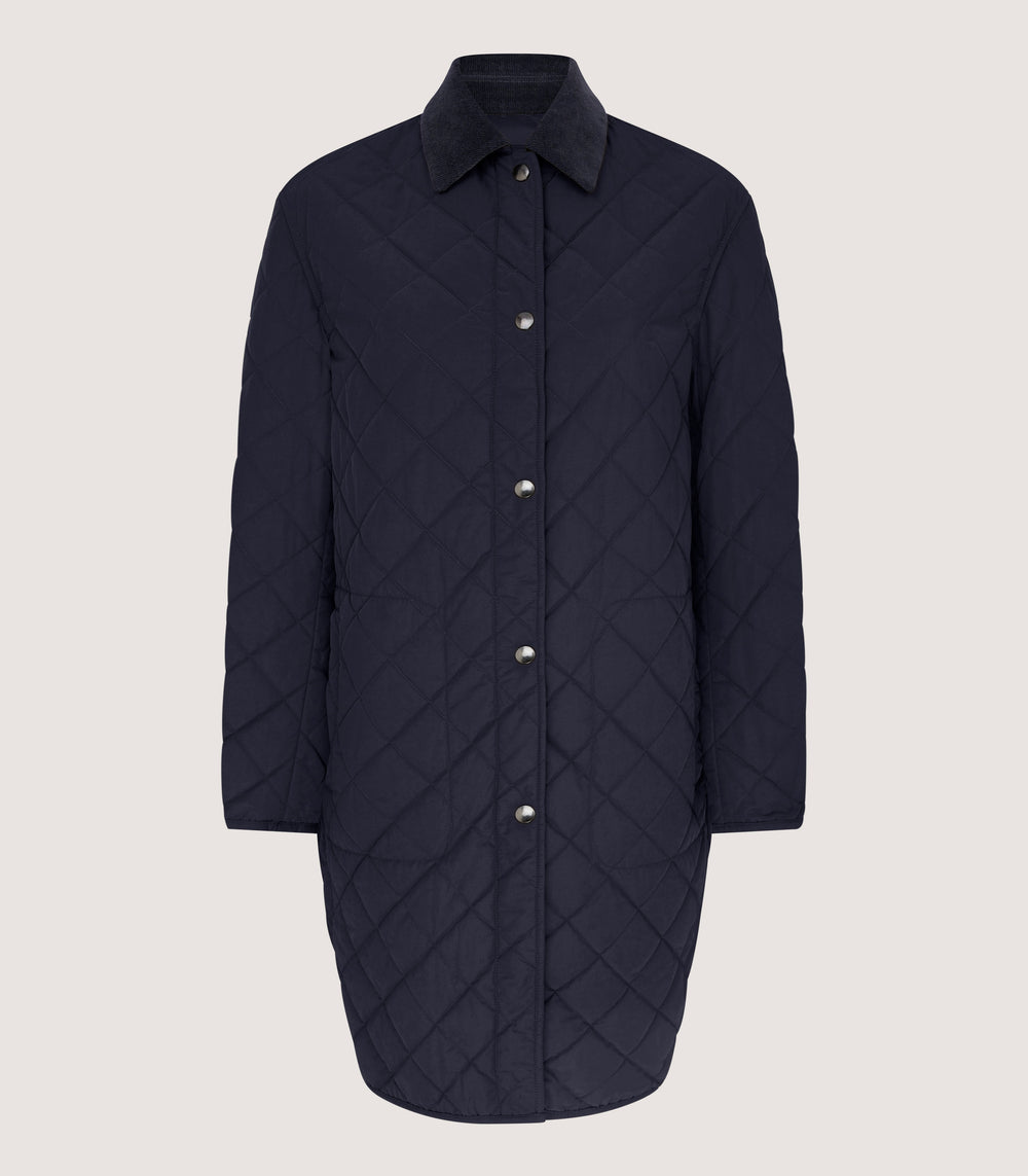 Women's Long Quilted Purdey Jacket in Navy