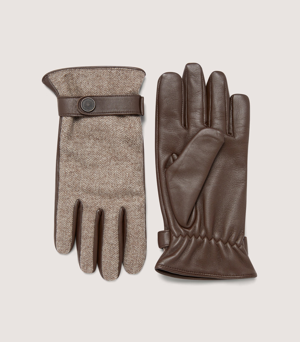 Women's Herringbone Tweed and Leather Gloves in Mushroom