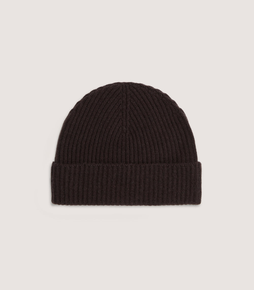 Unisex Ribbed Cashmere Beanie in Chocolate