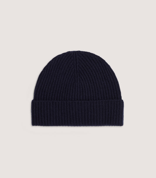 Unisex Ribbed Cashmere Beanie in Midnight