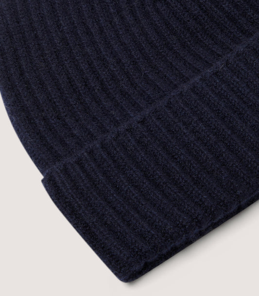 Unisex Ribbed Cashmere Beanie in Midnight