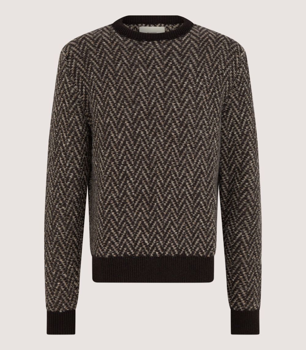 Men's Hertford Herringbone Crew Neck Jumper in Dark Brown