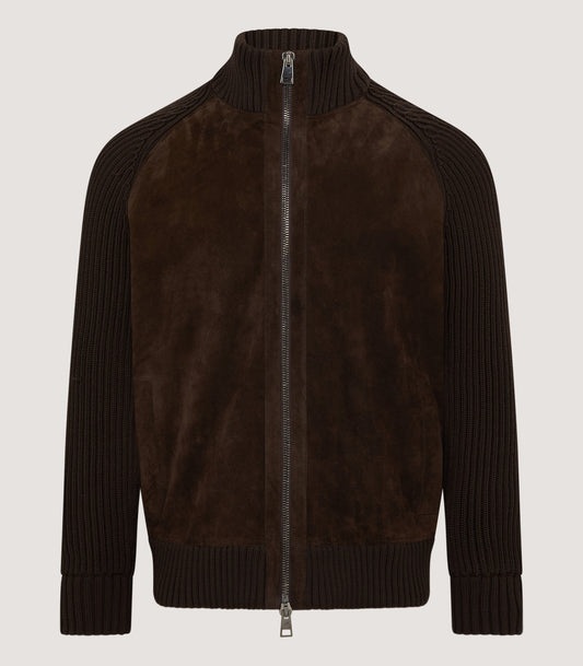 Men's York Suede Zip Front Knitted Cardigan in Chocolate