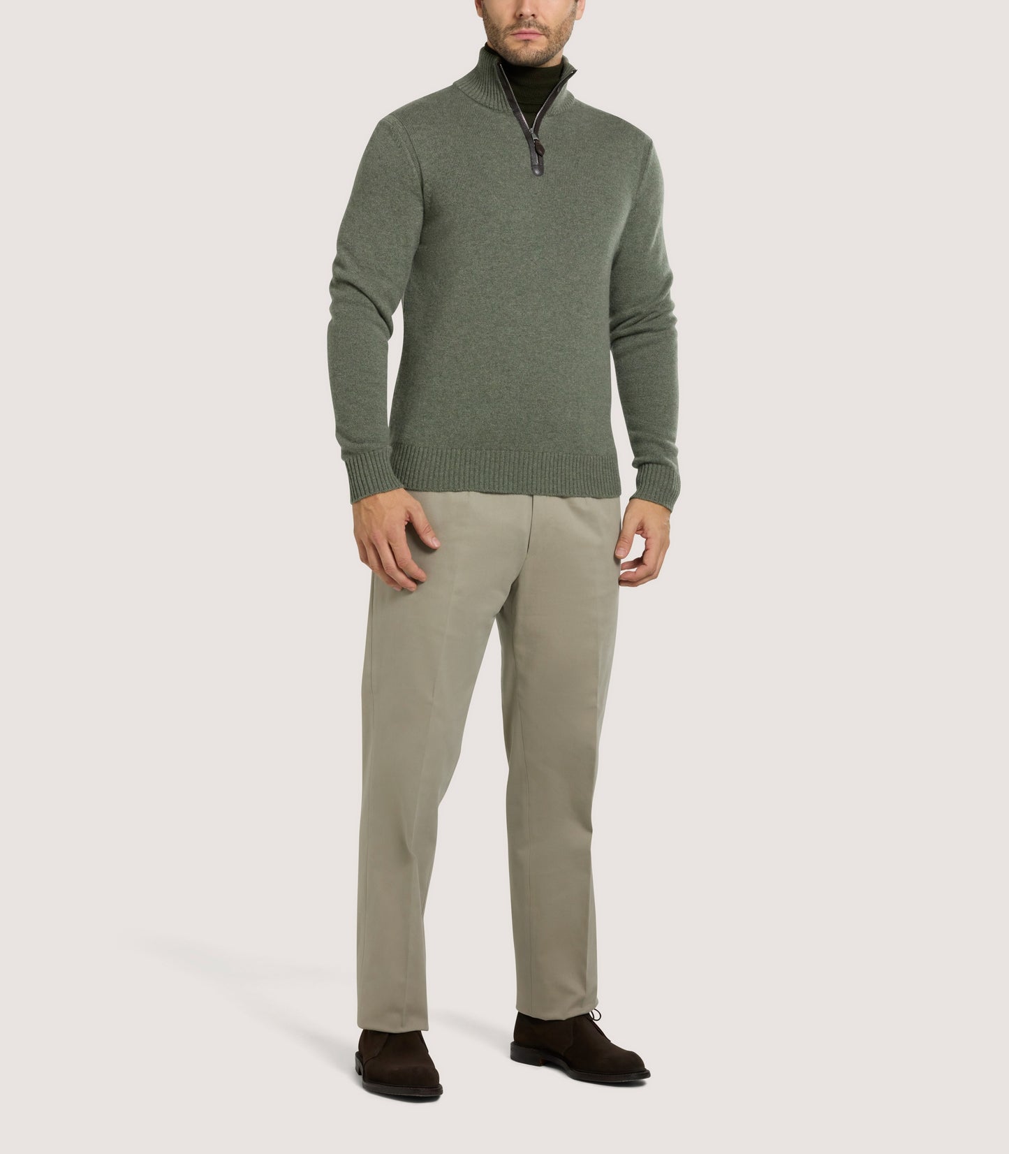 Men's Cashmere Quarter Zip Sweater in Moss